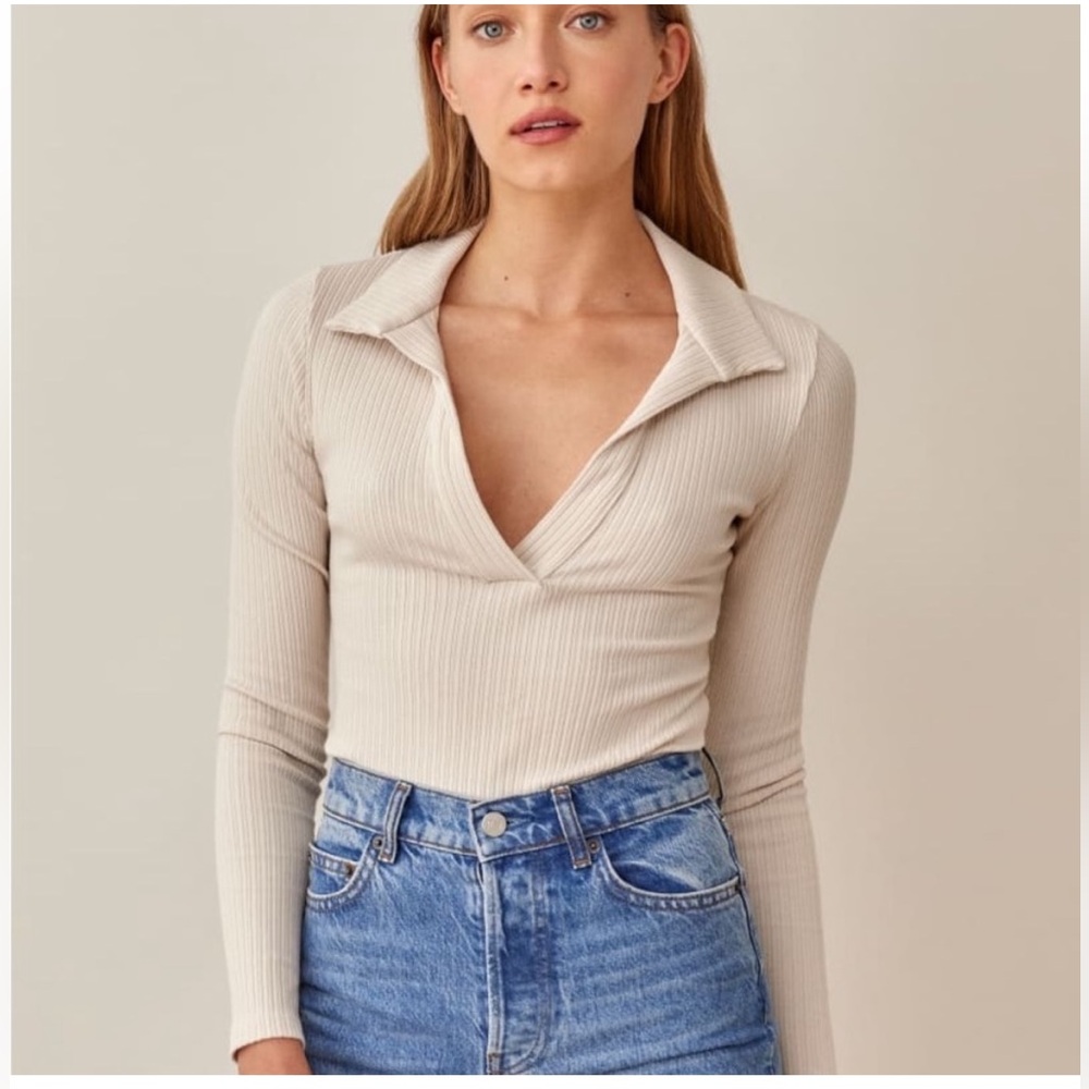Reformation Cream Hailey Ribbed V-Neck bodysuit